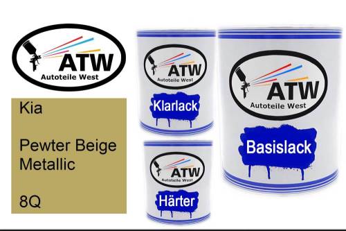 Kia, Pewter Beige Metallic, 8Q: 1L Lackdose + 1L Klarlack + 500ml Härter - Set, von ATW Autoteile West.
